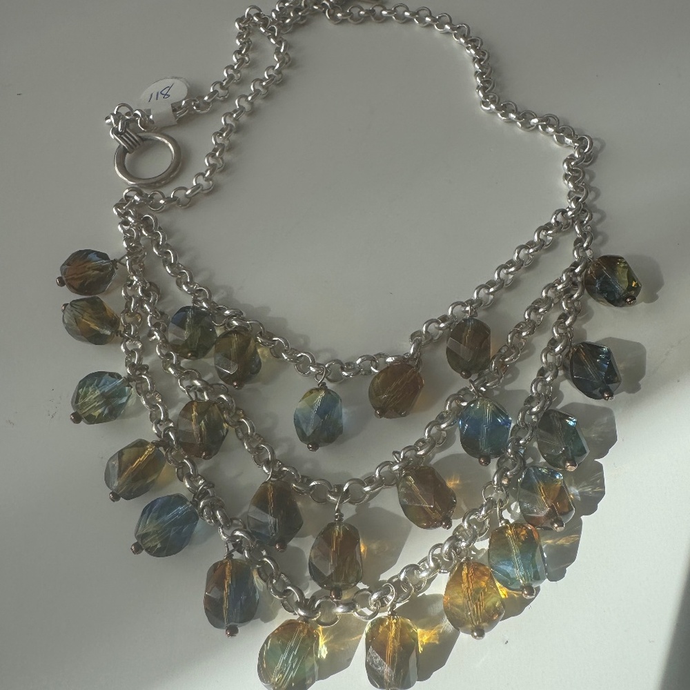 Vtg Necklace 3 strand Beaded Layered Crystal Blue Yellow Color New 90’s